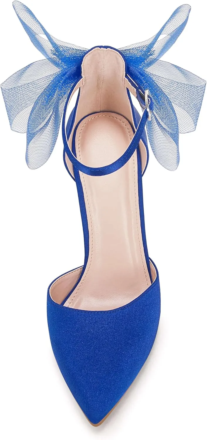 Coutgo Women's Closed Pointed Toe High Heels with Bow Knot Ankle Strap Satin Stiletto Pumps