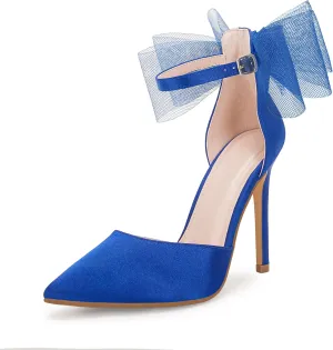 Coutgo Women's Closed Pointed Toe High Heels with Bow Knot Ankle Strap Satin Stiletto Pumps