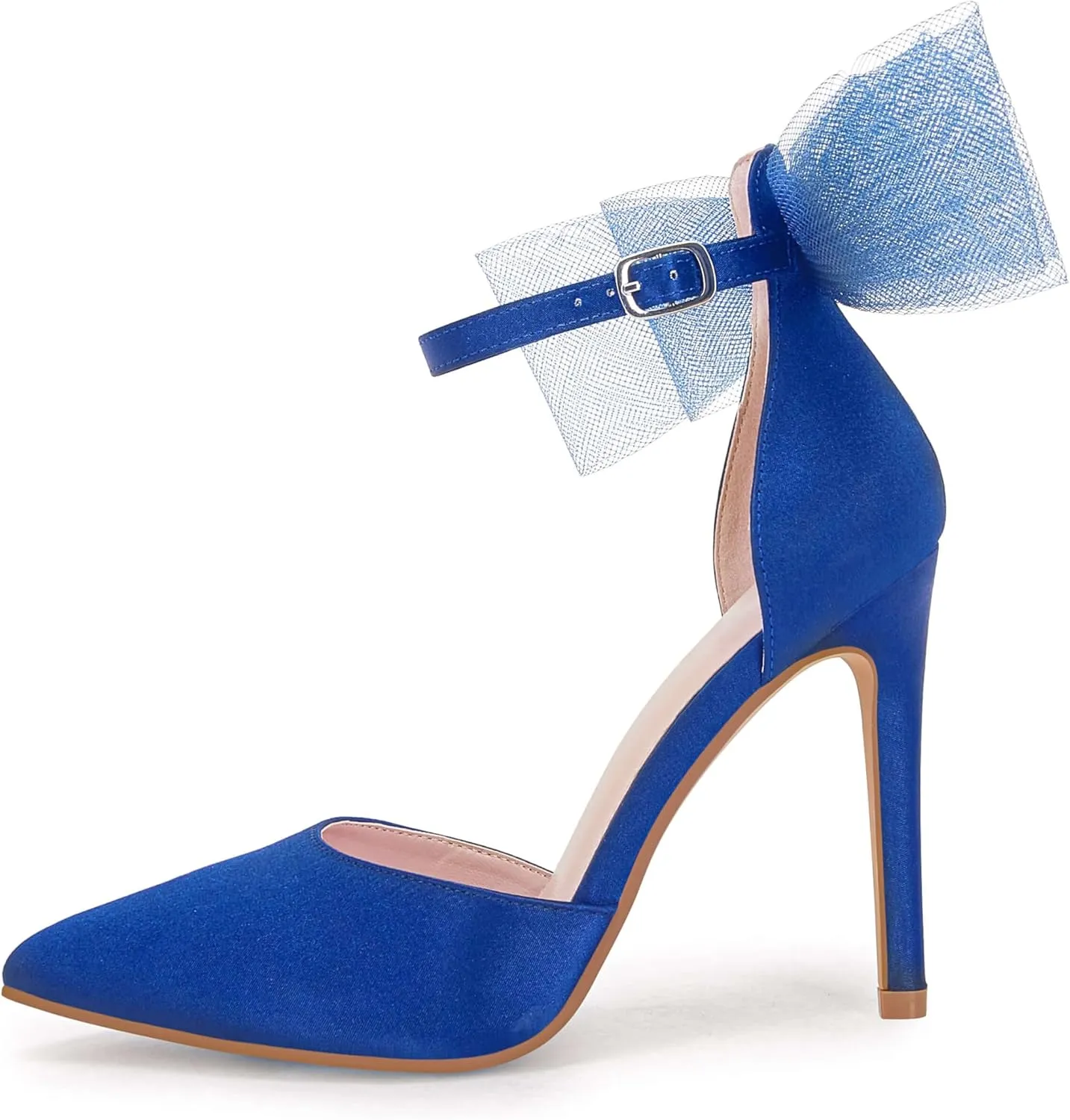Coutgo Women's Closed Pointed Toe High Heels with Bow Knot Ankle Strap Satin Stiletto Pumps