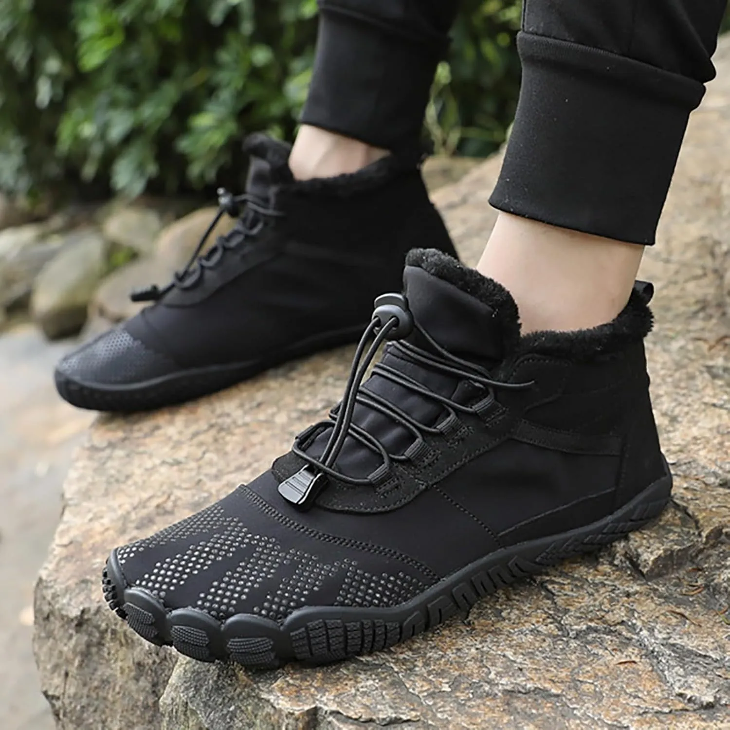 Crzidha Hiking Boots for Women Men Winter Snow Warm Fleece Winter Lined Waterproof Wide Toe Box Barefoot Shoe Outdoor Trail Trekking Pull On Ankle Boots with Elastic Cord Buckle Ultra Soft Non Slip Sole