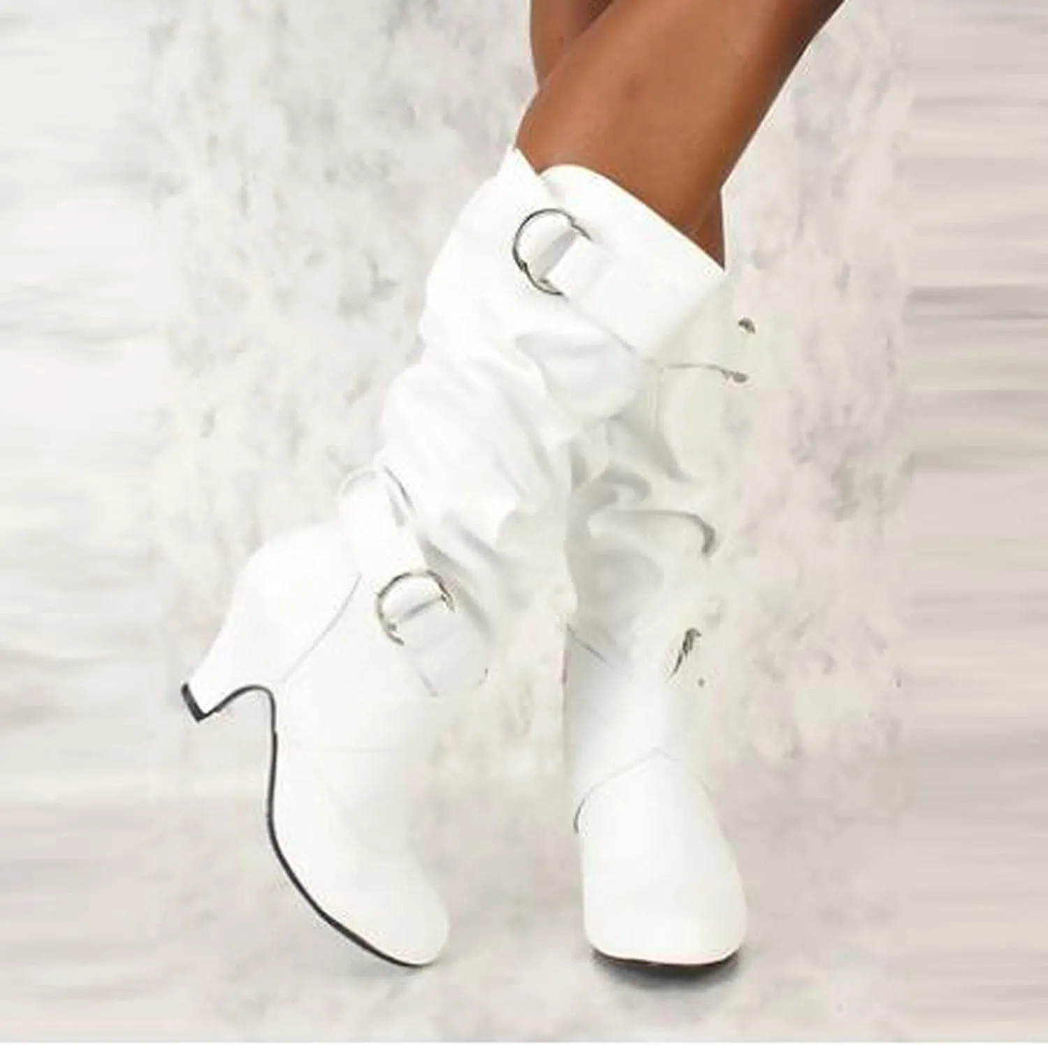 Crzidha Womens Motorcycle Boots,Ruched Leather Knight Boots Side Zipper Buckle Strap High Heel Knee High Boots Comfortable Wide Calf Comfy Arch Support Casual Fashion Party Shoes