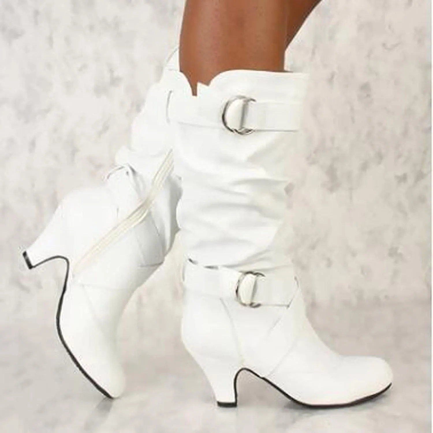 Crzidha Womens Motorcycle Boots,Ruched Leather Knight Boots Side Zipper Buckle Strap High Heel Knee High Boots Comfortable Wide Calf Comfy Arch Support Casual Fashion Party Shoes