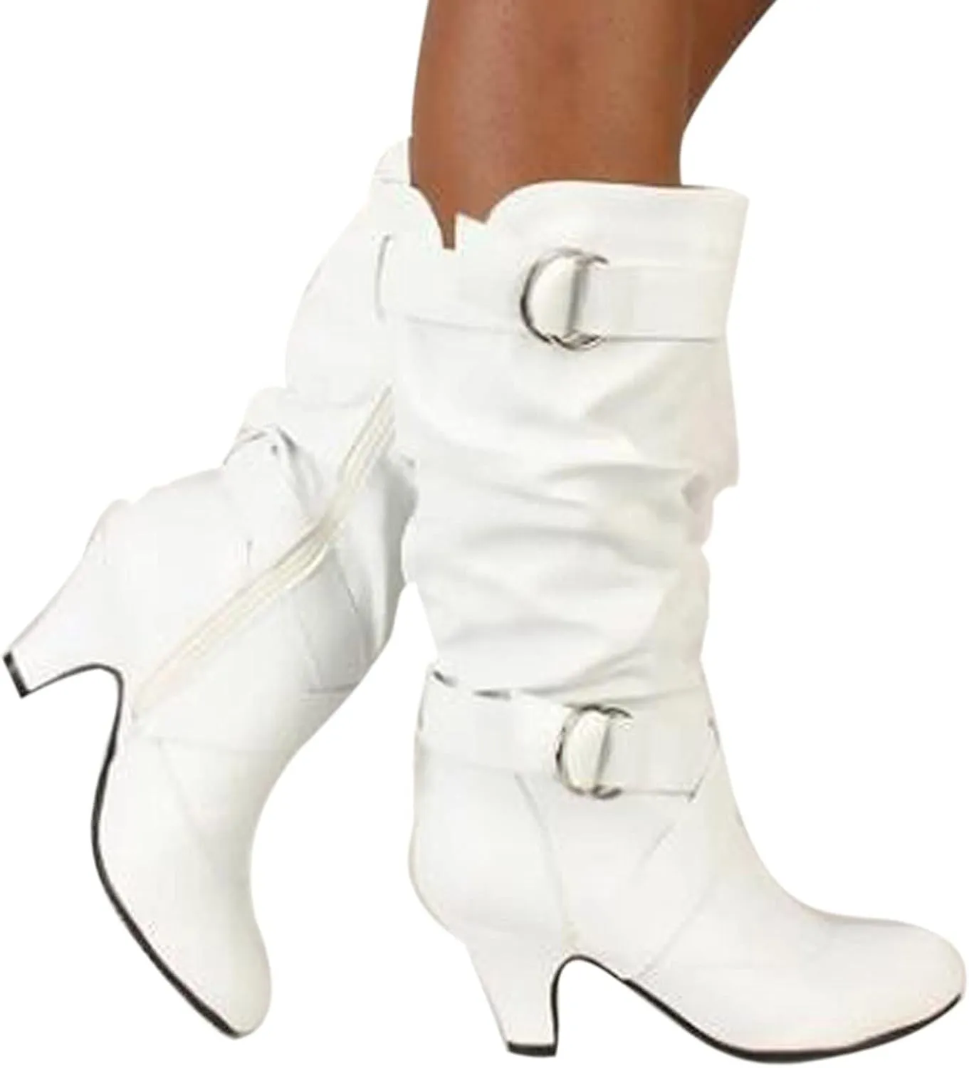 Crzidha Womens Motorcycle Boots,Ruched Leather Knight Boots Side Zipper Buckle Strap High Heel Knee High Boots Comfortable Wide Calf Comfy Arch Support Casual Fashion Party Shoes