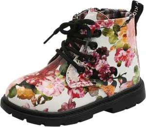 Cute Kids Boots Floral Print Brigh?? Color for Girl Boys L??ce Up Boots W??terpoorf Ankle Boots Side Zipper Booties