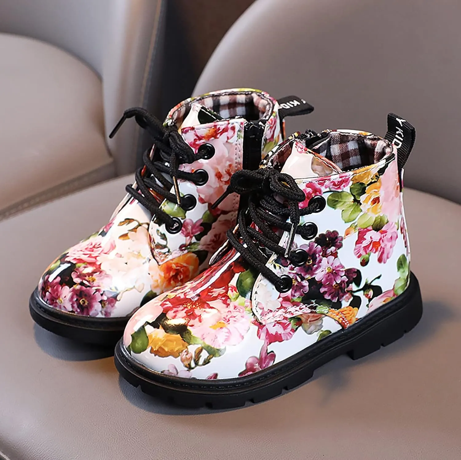 Cute Kids Boots Floral Print Brigh?? Color for Girl Boys L??ce Up Boots W??terpoorf Ankle Boots Side Zipper Booties