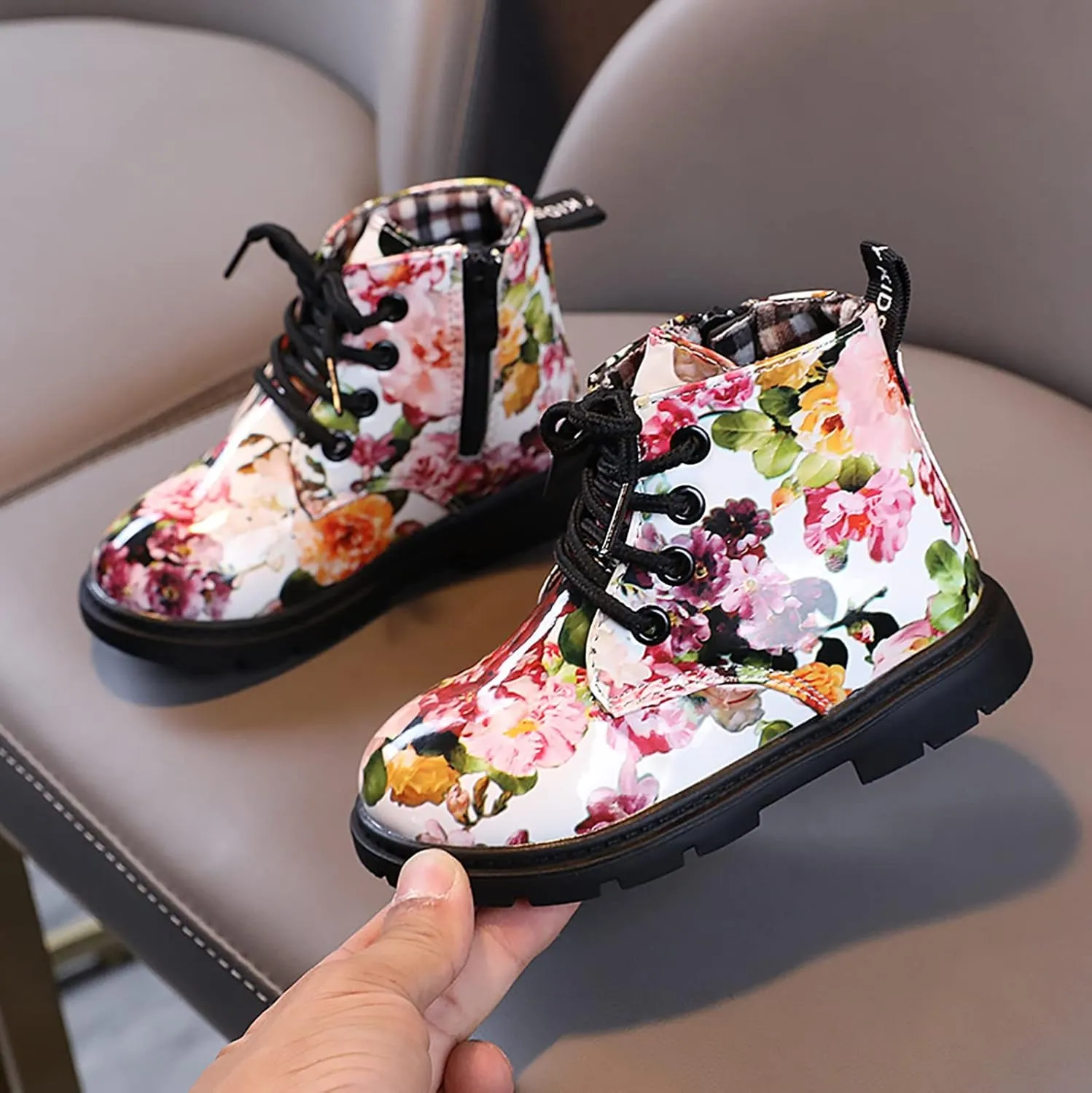 Cute Kids Boots Floral Print Brigh?? Color for Girl Boys L??ce Up Boots W??terpoorf Ankle Boots Side Zipper Booties