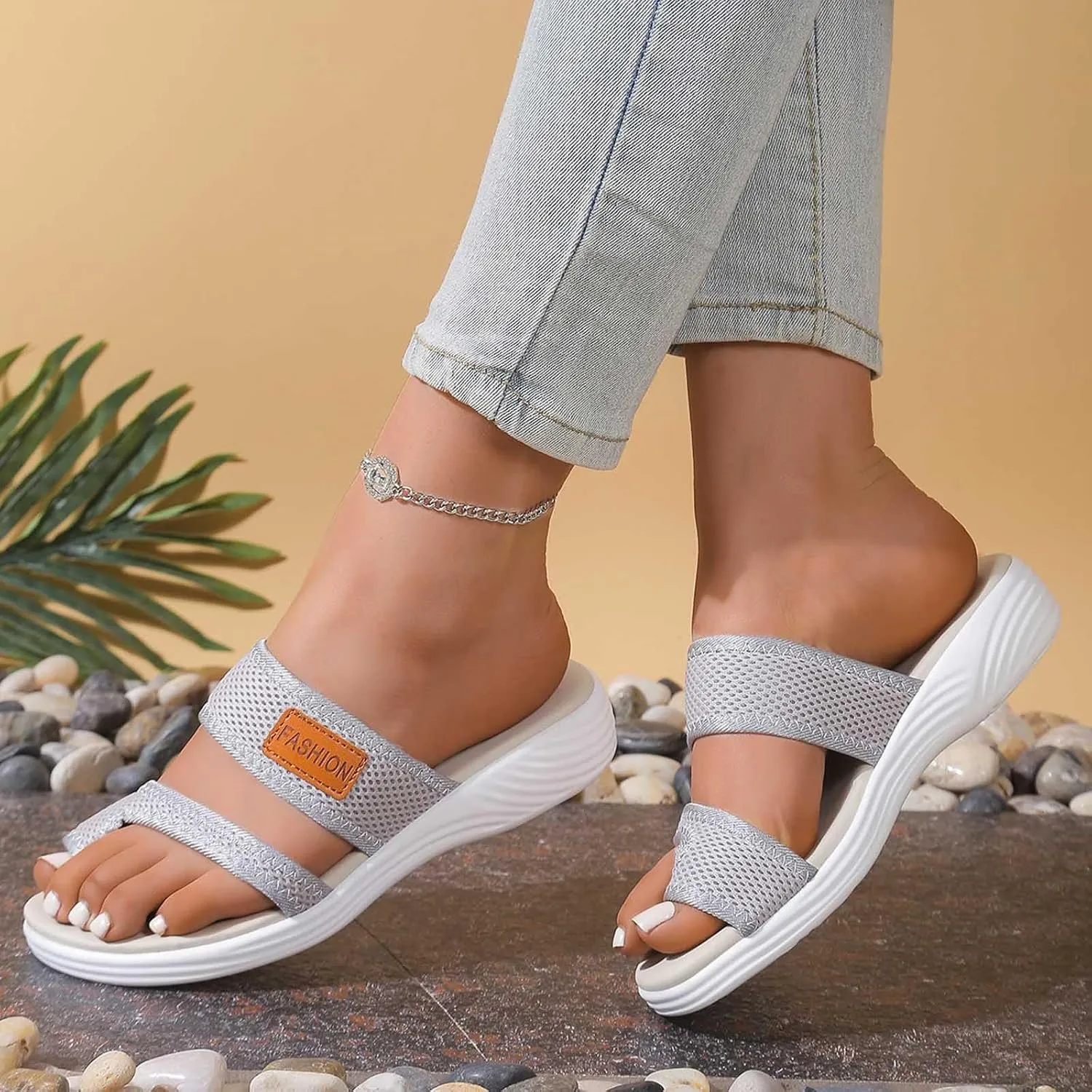 Dressy Summer 2025 Trendy Sandals for Women Beach Slip On Mesh Slide Sandals with Arch Support Comfortable Orthopedic Shoes