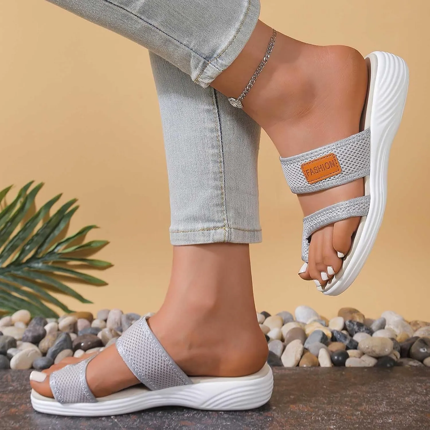 Dressy Summer 2025 Trendy Sandals for Women Beach Slip On Mesh Slide Sandals with Arch Support Comfortable Orthopedic Shoes