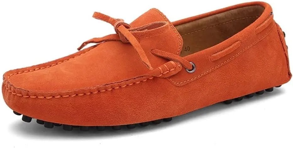 Easy to Put and Remove. Loafer Shoes for Men Boat Shoes Genuine Leather Stitching Details Round Toe Suede Vamp Flat Heel Flexible Resistant Anti-Slip Outdoor Slip on for All Occasions Orange