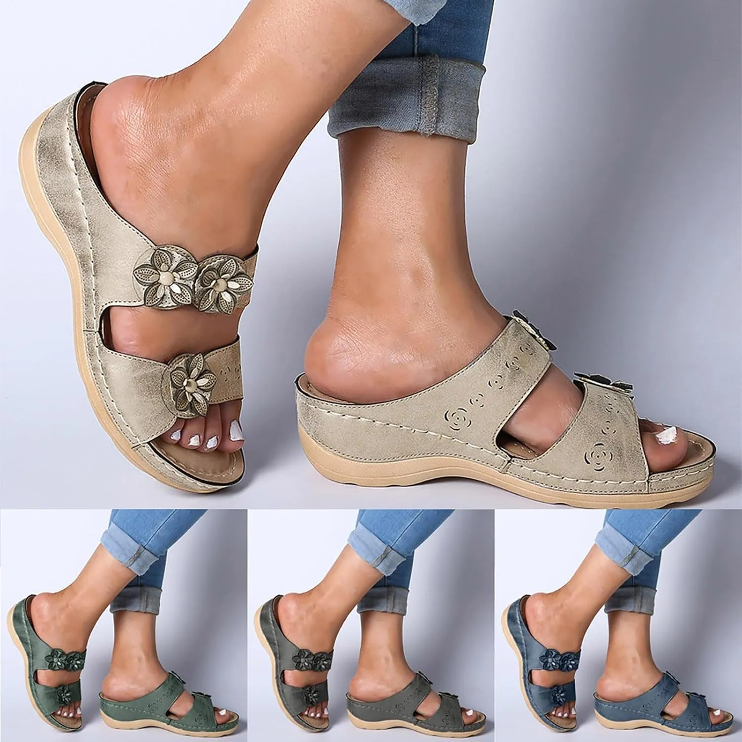Eduavar Orthopedic Sandals for Women, Summer Beach Sandals for Women Comfy Casual Breathable Open Toe Low Wedge Sandals