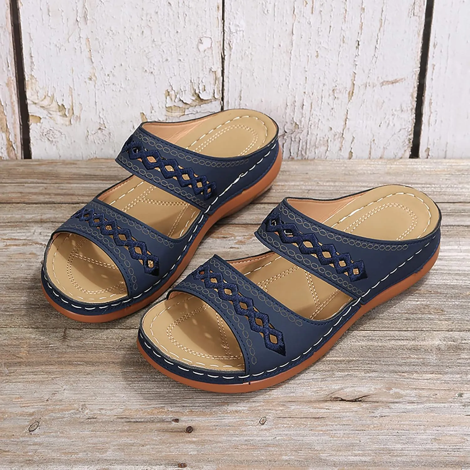 Eduavar Orthopedic Sandals for Women, Walking Sandals Women Comfort Open Toe Slip-on Sandals Low Wedge Beach Sandals Slippers