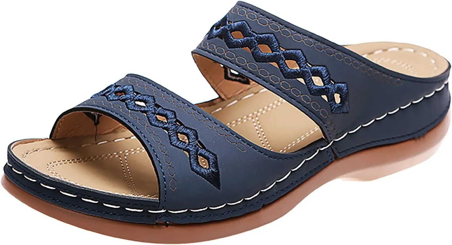 Eduavar Orthopedic Sandals for Women, Walking Sandals Women Comfort Open Toe Slip-on Sandals Low Wedge Beach Sandals Slippers