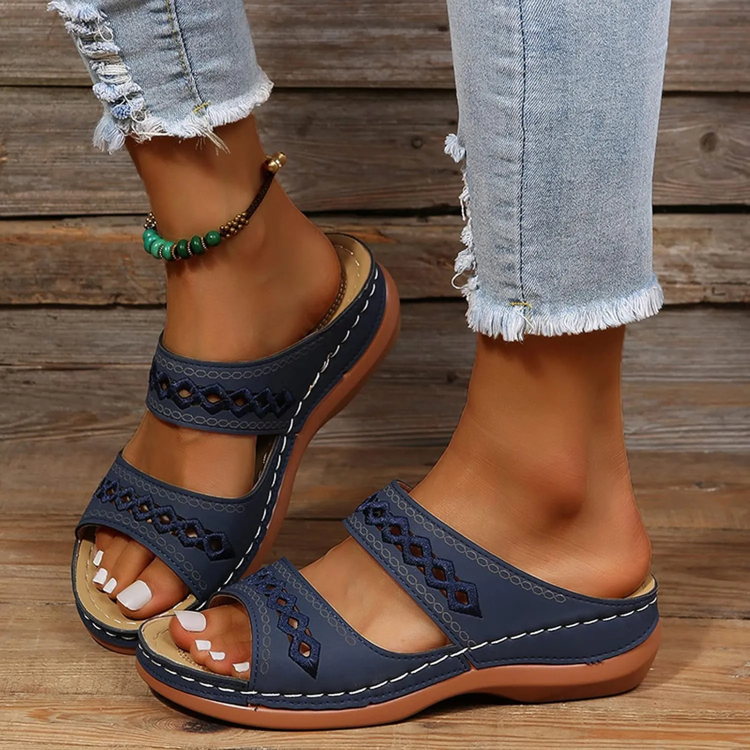 Eduavar Orthopedic Sandals for Women, Walking Sandals Women Comfort Open Toe Slip-on Sandals Low Wedge Beach Sandals Slippers