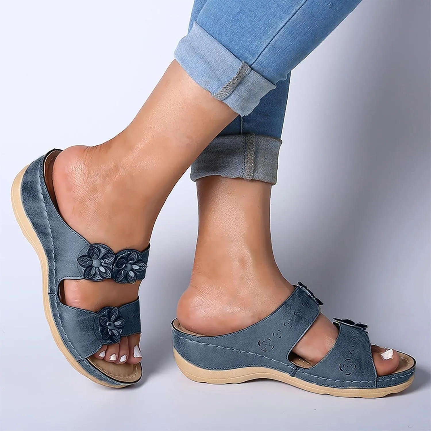 Eduavar Orthopedic Sandals for Women, Womens Sandals Comfortable Wedge Sandals Slip On Floral Open Toe Platform Sandals