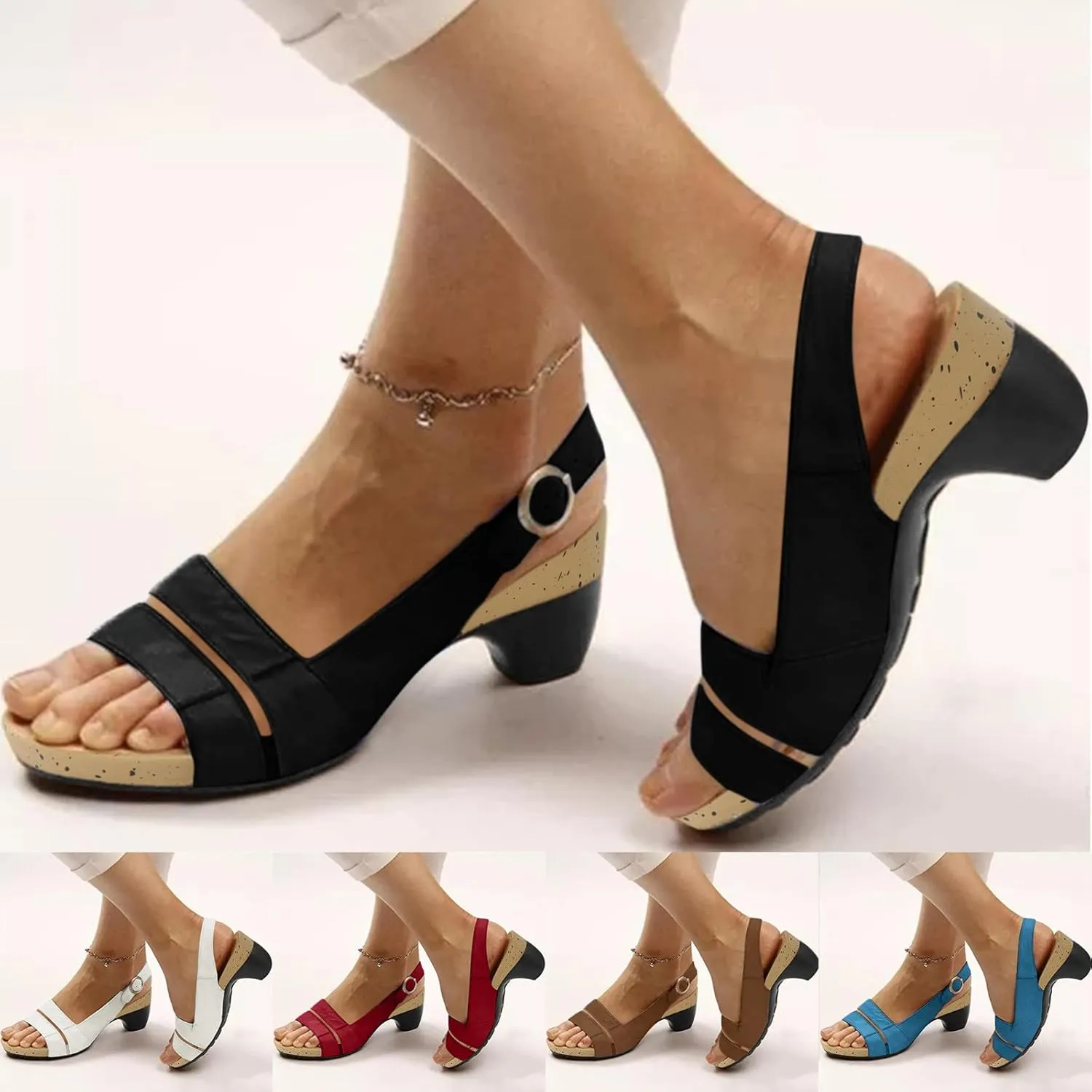 Eduavar Sandals for Women Dressy Summer, Heeled Sandals for Women Fashion Open Toe Low Heel Sandals Shoes with Buckle Strap