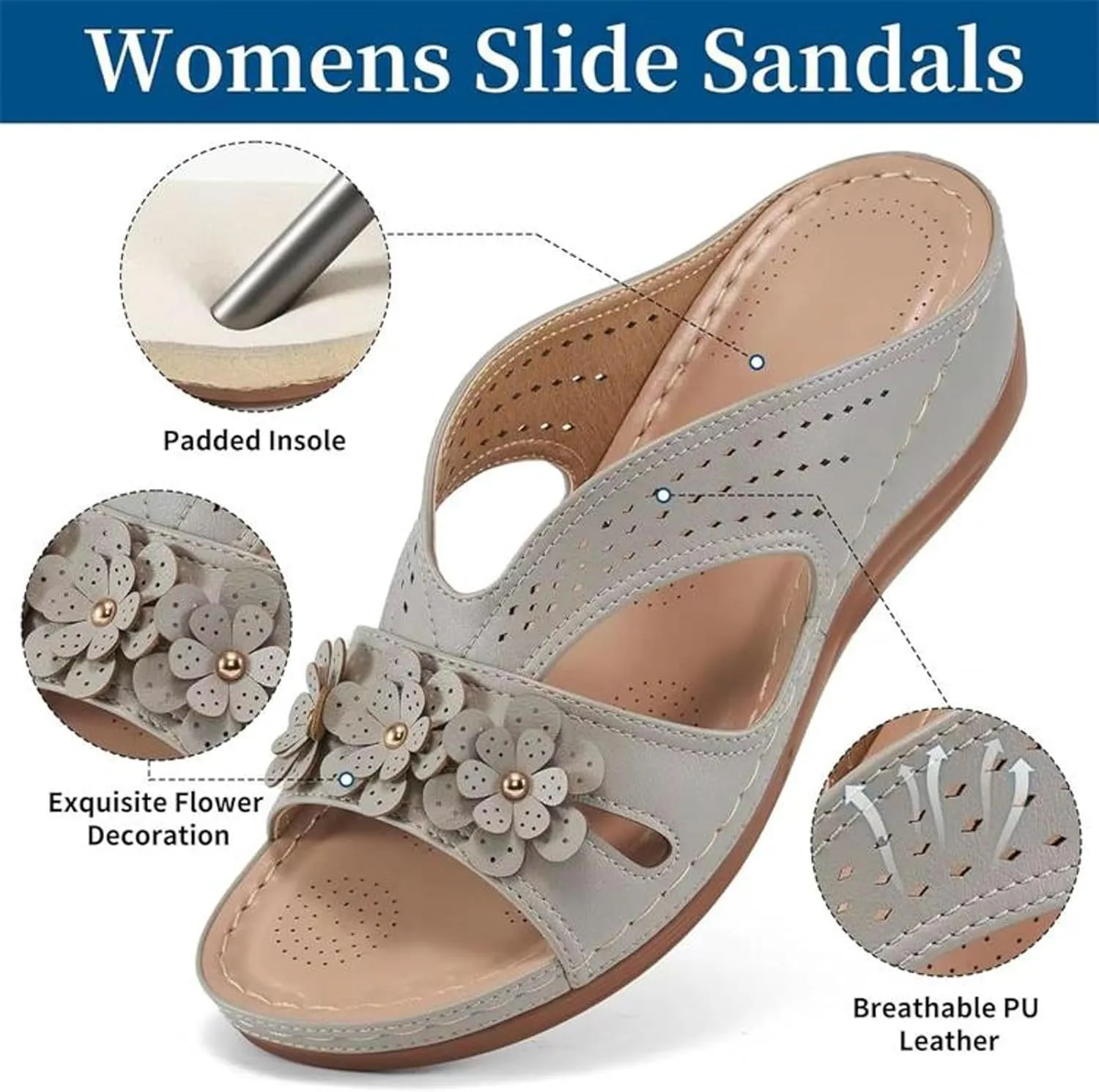 Eduavar Womens Sandals Orthopedic Slide Flat with Arch Support Lightweight Soft Comfort Summer Beach Slip On Walking Slippers