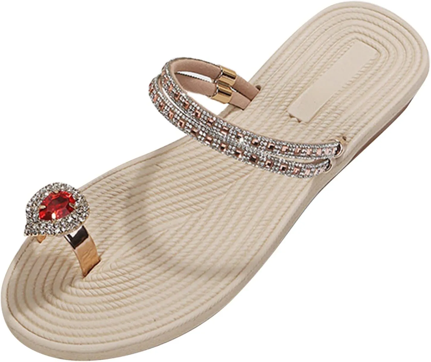 Eduavar Womens Wedge Sandals, Sandals for Women Dressy Rhinestone Flat Sandals Comfortable Ring Toe Slippers