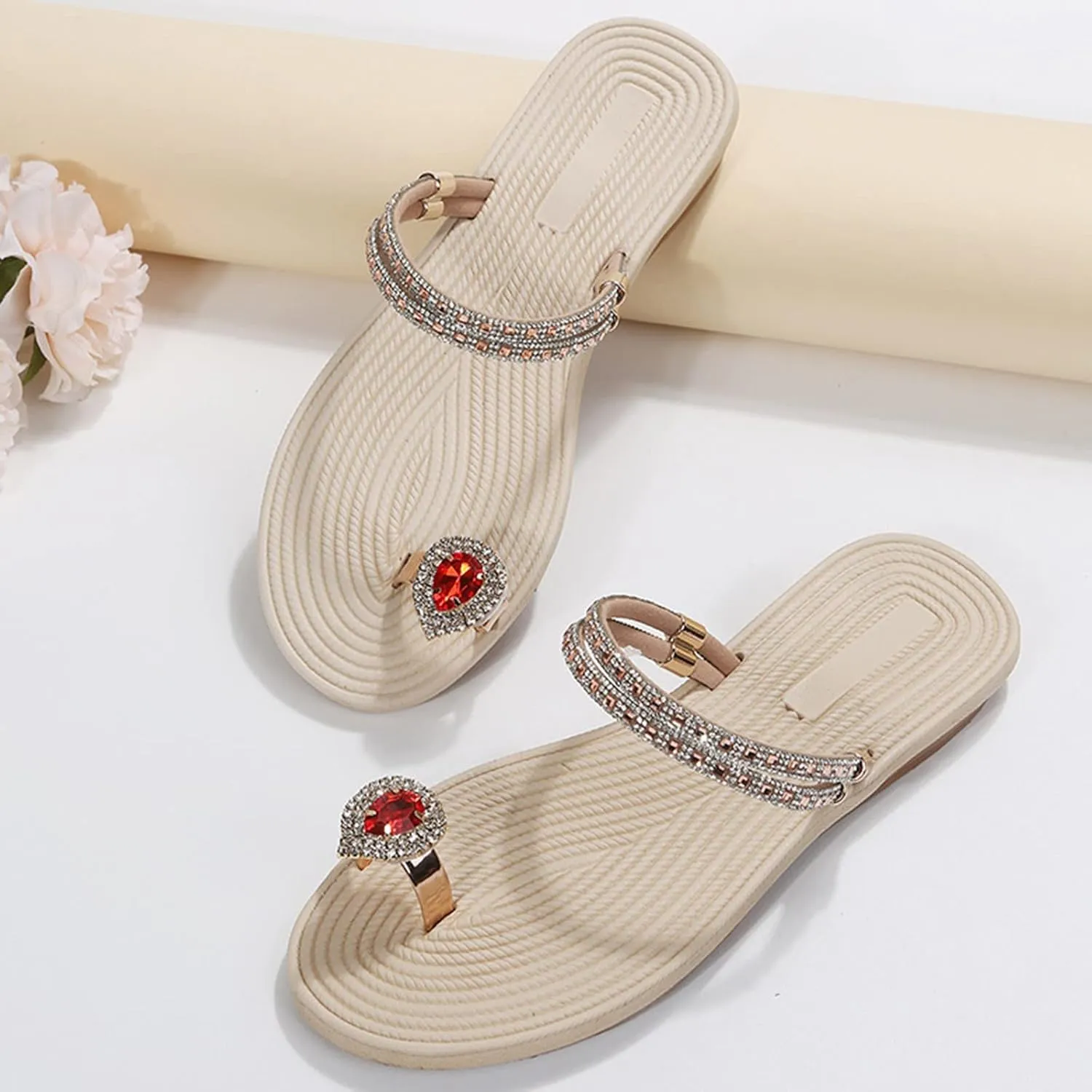 Eduavar Womens Wedge Sandals, Sandals for Women Dressy Rhinestone Flat Sandals Comfortable Ring Toe Slippers