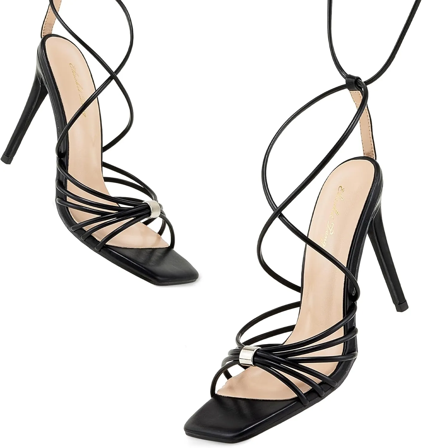 Elisabet Tang Women Strappy Heeled Sandals Lace Up 4 Inch Stilettos Square Open Toe High Heels Ankle Strap for Prom Party Evening