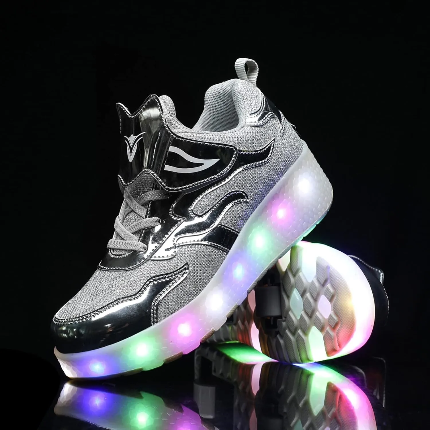 EMDPBD Kids Roller Skates Shoes USB Charging LED Light Up Shoes with Wheels Retractable Roller Skates Shoes Roller Sneakers for Unisex Girls Boys Gift,Silver-30EU