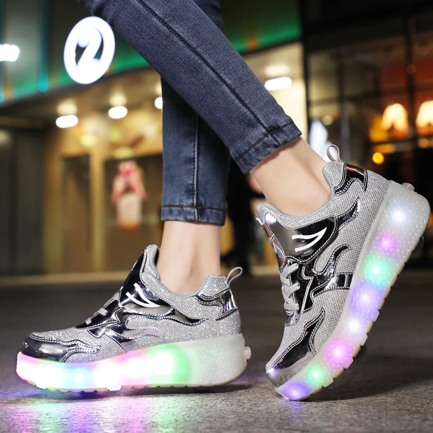 EMDPBD Kids Roller Skates Shoes USB Charging LED Light Up Shoes with Wheels Retractable Roller Skates Shoes Roller Sneakers for Unisex Girls Boys Gift,Silver-30EU