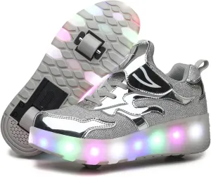 EMDPBD Kids Roller Skates Shoes USB Charging LED Light Up Shoes with Wheels Retractable Roller Skates Shoes Roller Sneakers for Unisex Girls Boys Gift,Silver-30EU