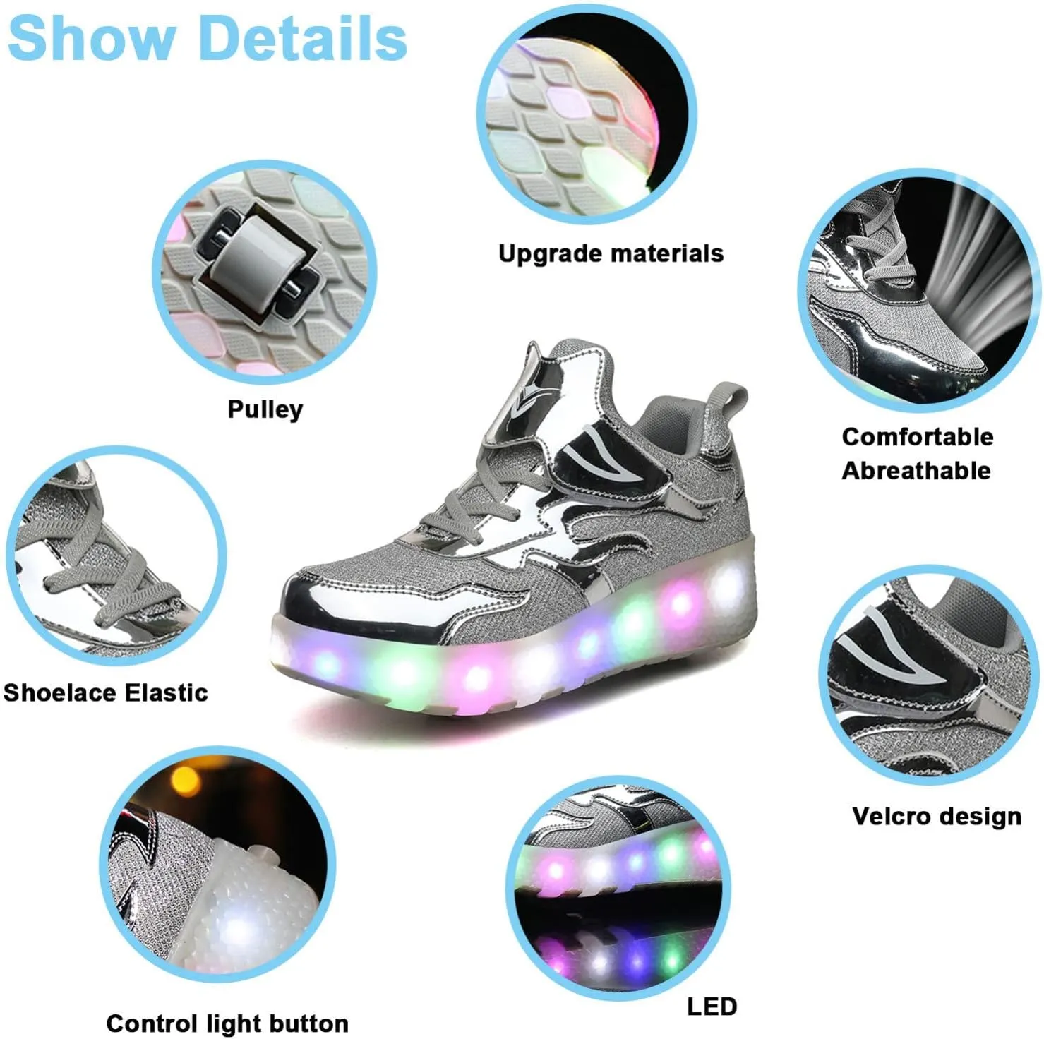 EMDPBD Kids Roller Skates Shoes USB Charging LED Light Up Shoes with Wheels Retractable Roller Skates Shoes Roller Sneakers for Unisex Girls Boys Gift,Silver-30EU