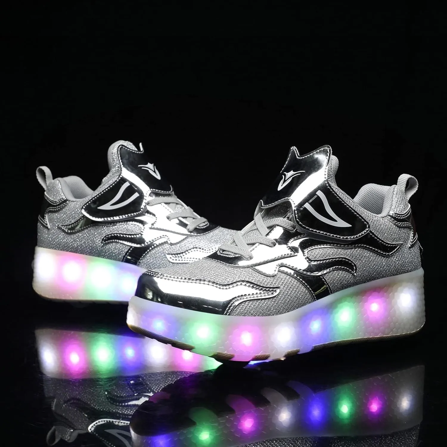 EMDPBD Kids Roller Skates Shoes USB Charging LED Light Up Shoes with Wheels Retractable Roller Skates Shoes Roller Sneakers for Unisex Girls Boys Gift,Silver-30EU