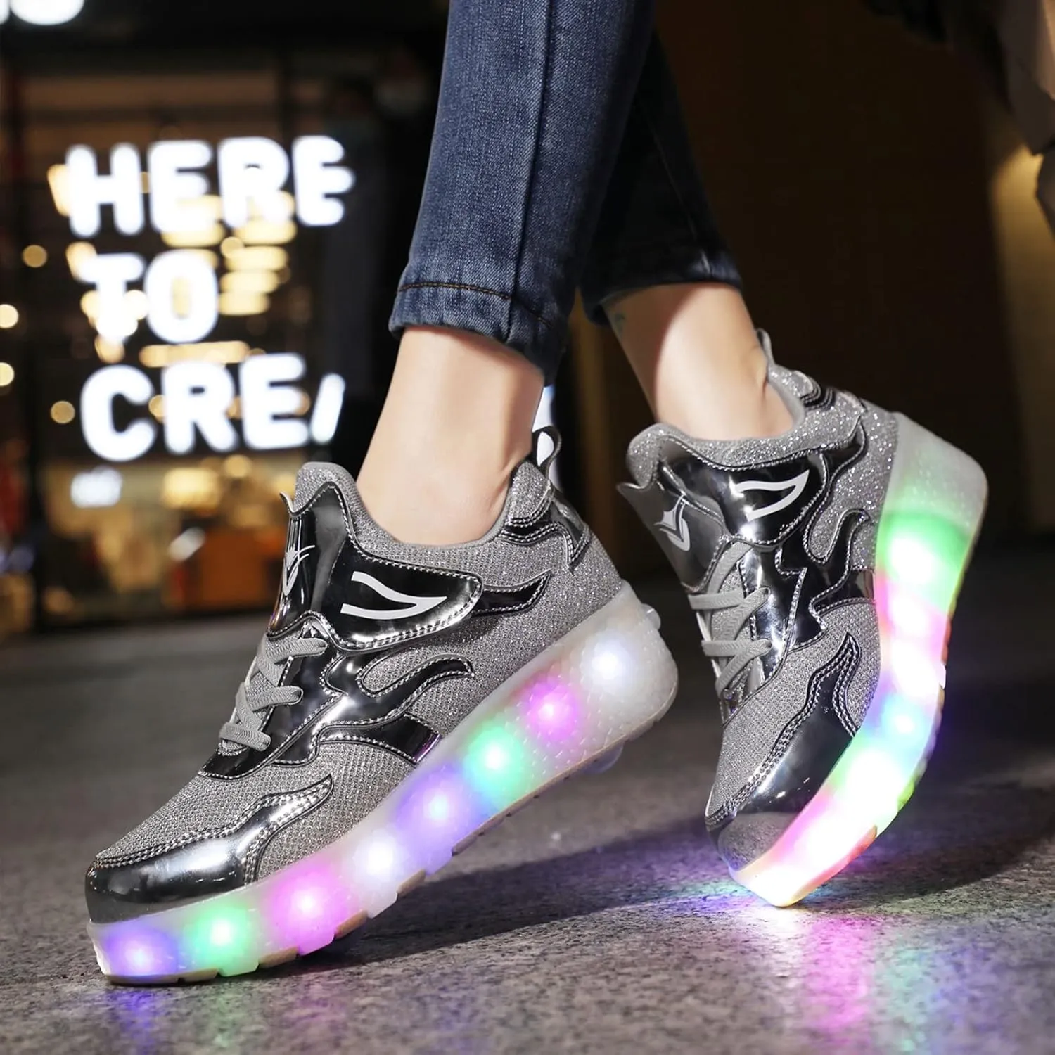 EMDPBD Kids Roller Skates Shoes USB Charging LED Light Up Shoes with Wheels Retractable Roller Skates Shoes Roller Sneakers for Unisex Girls Boys Gift,Silver-30EU