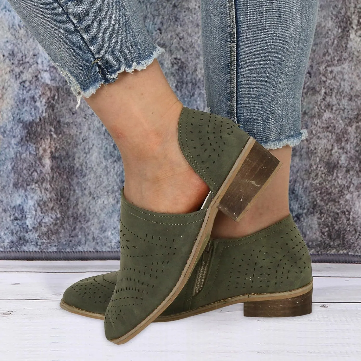Fall Boots for Women 2024 Low Heel Casual Slip on Ankle Boots V Cutout Pointed Toe Chunky Stacked Mid Heel Booties