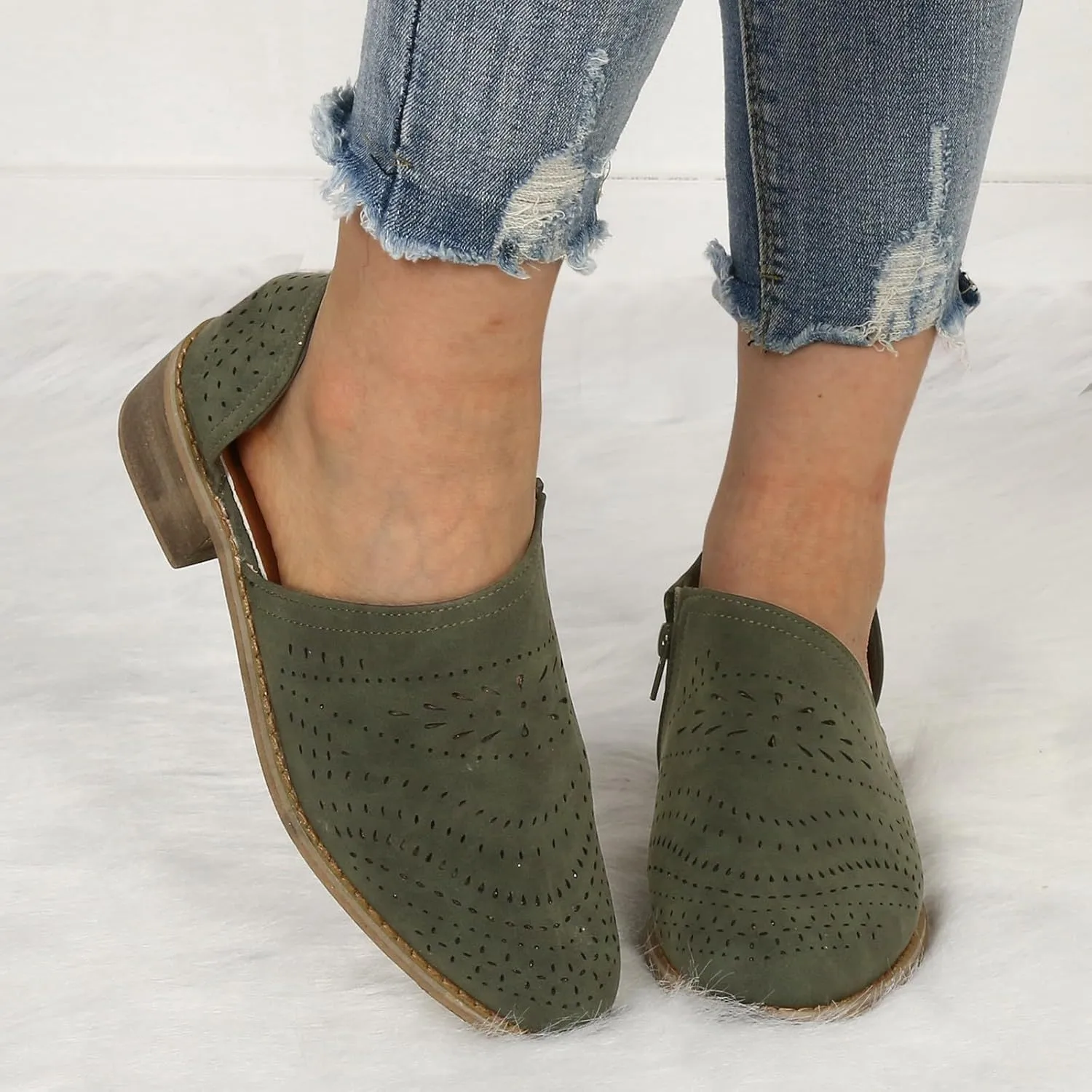 Fall Boots for Women 2024 Low Heel Casual Slip on Ankle Boots V Cutout Pointed Toe Chunky Stacked Mid Heel Booties