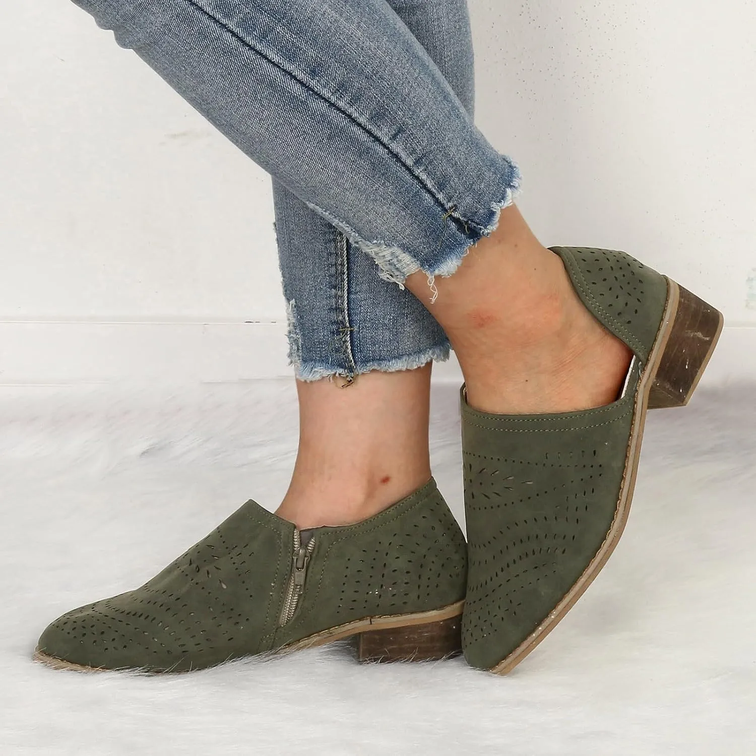 Fall Boots for Women 2024 Low Heel Casual Slip on Ankle Boots V Cutout Pointed Toe Chunky Stacked Mid Heel Booties