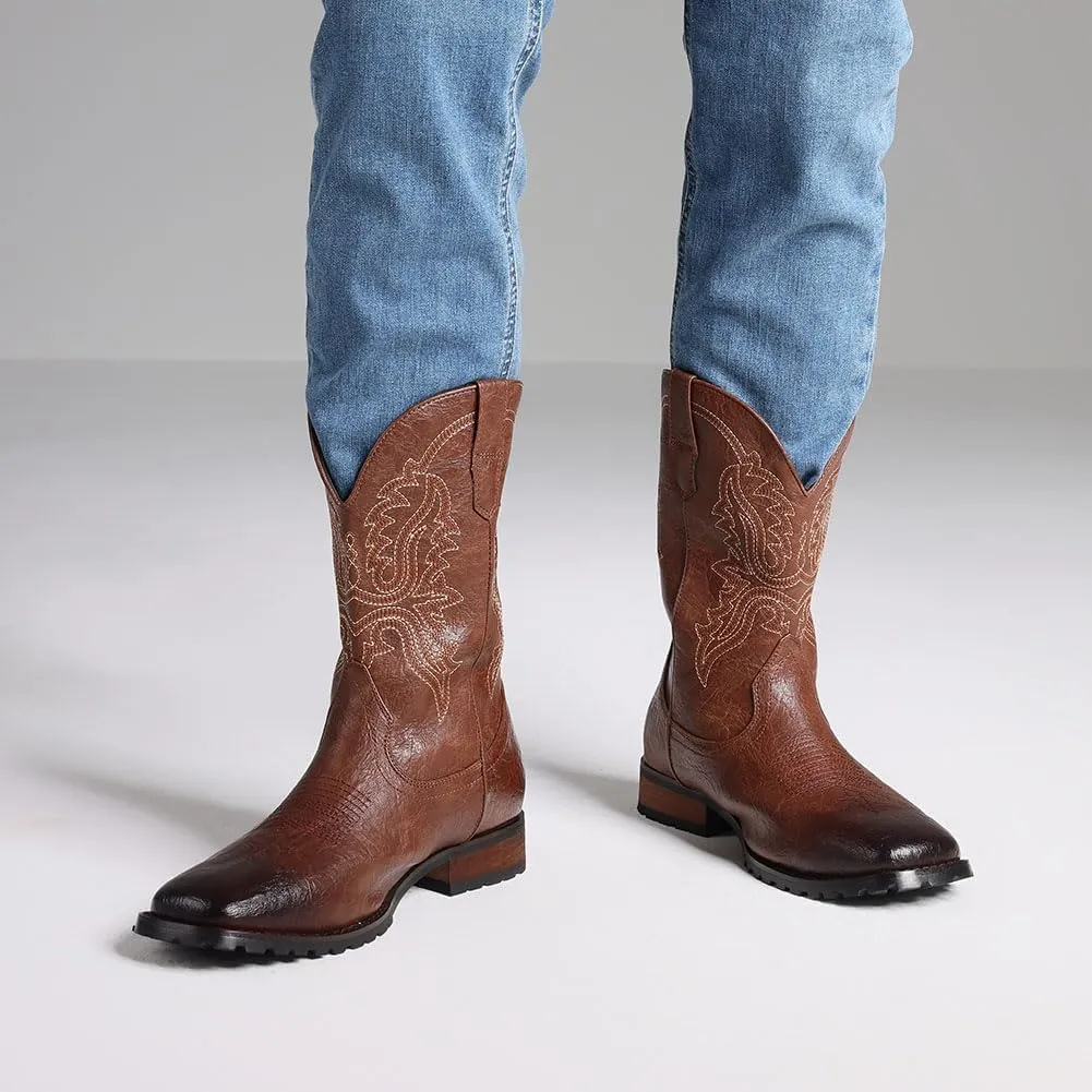 femflame Cowboy Boots for Men Square Toe Embroidered Mens Cowboy Boots Distressed Work boots Traditional Western Boots