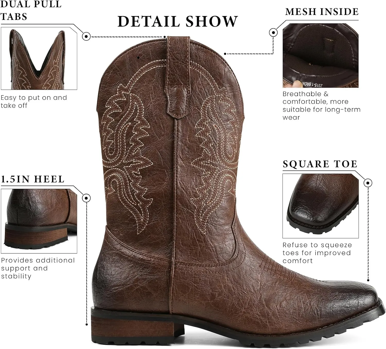 femflame Cowboy Boots for Men Square Toe Embroidered Mens Cowboy Boots Distressed Work boots Traditional Western Boots