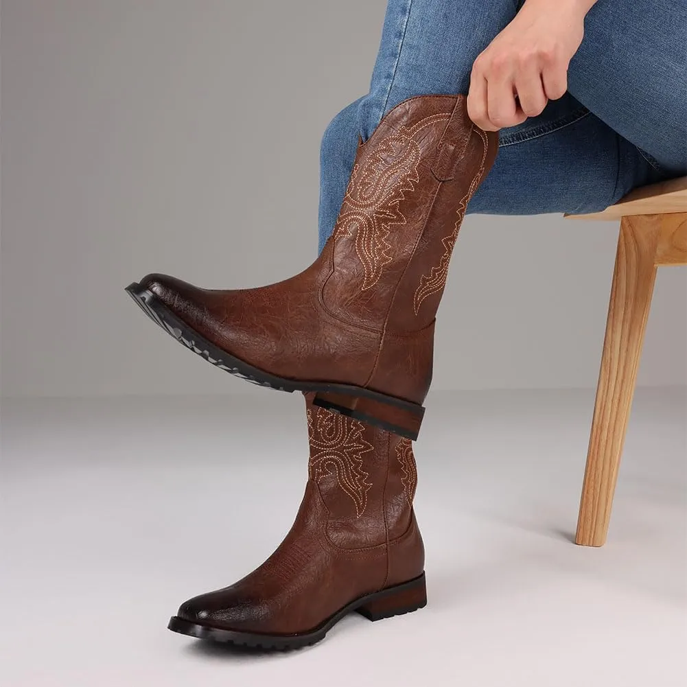 femflame Cowboy Boots for Men Square Toe Embroidered Mens Cowboy Boots Distressed Work boots Traditional Western Boots