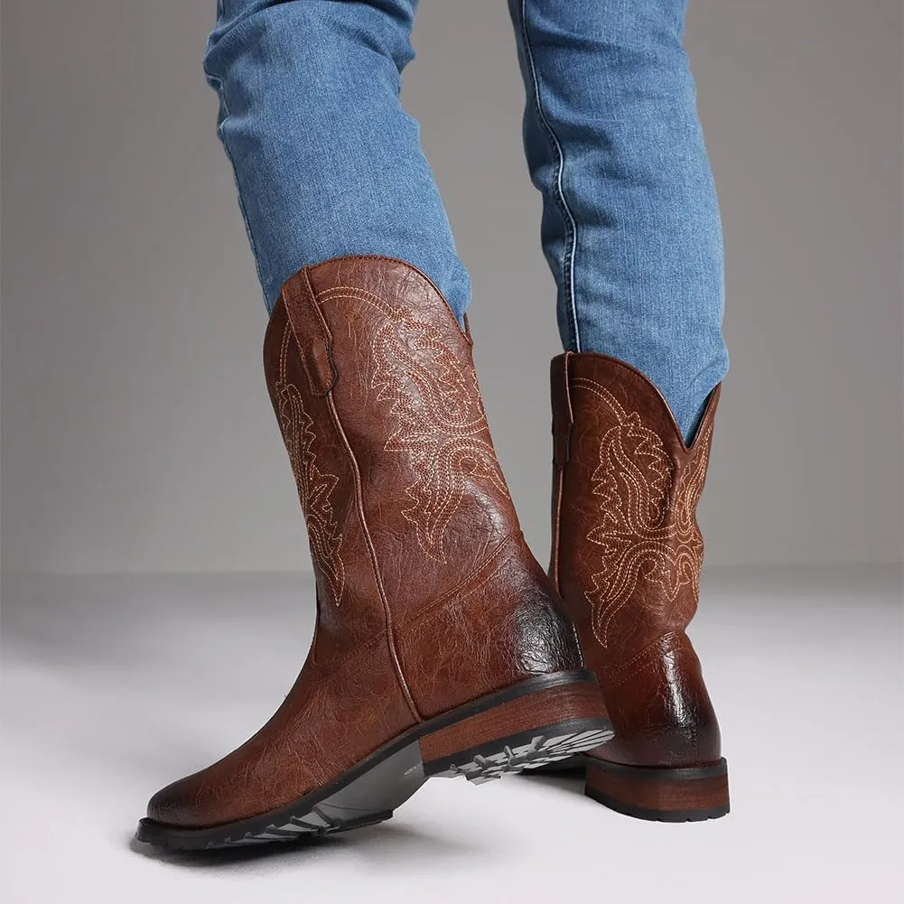 femflame Cowboy Boots for Men Square Toe Embroidered Mens Cowboy Boots Distressed Work boots Traditional Western Boots