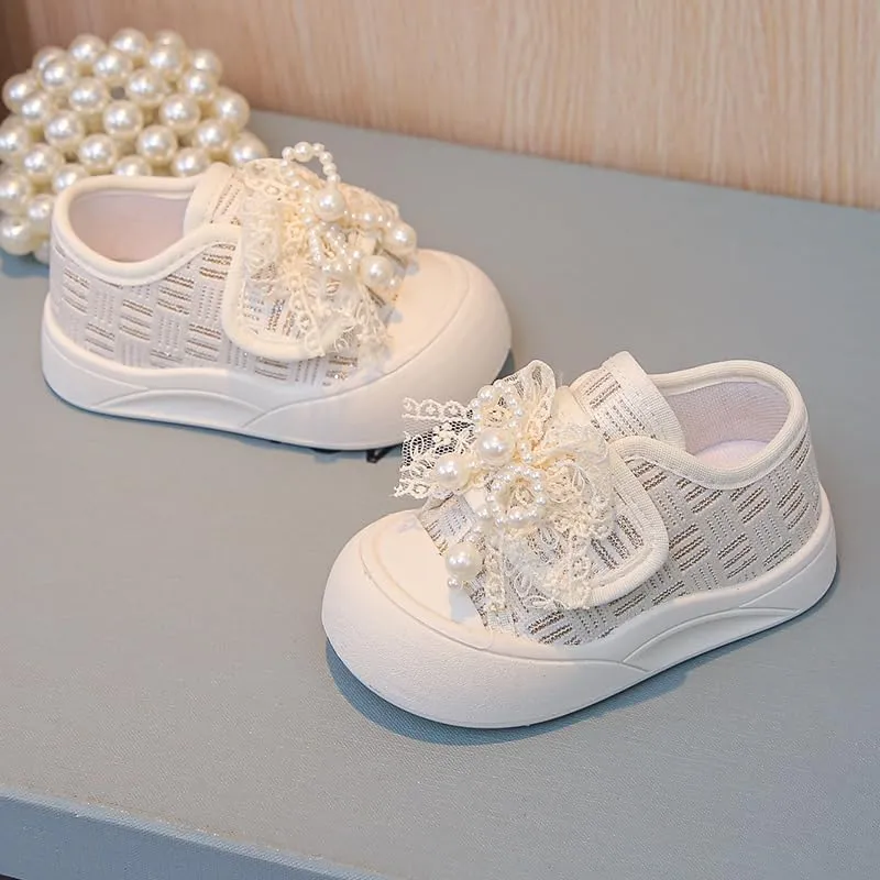 Girl Pearl Lace Sneakers, Soft Sole Canvas Shoes, Pink and White, Toddler Princess Style