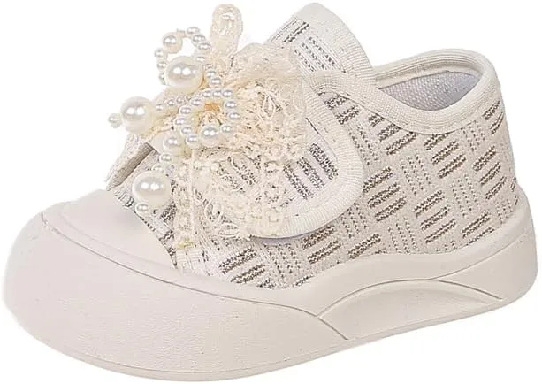 Girl Pearl Lace Sneakers, Soft Sole Canvas Shoes, Pink and White, Toddler Princess Style