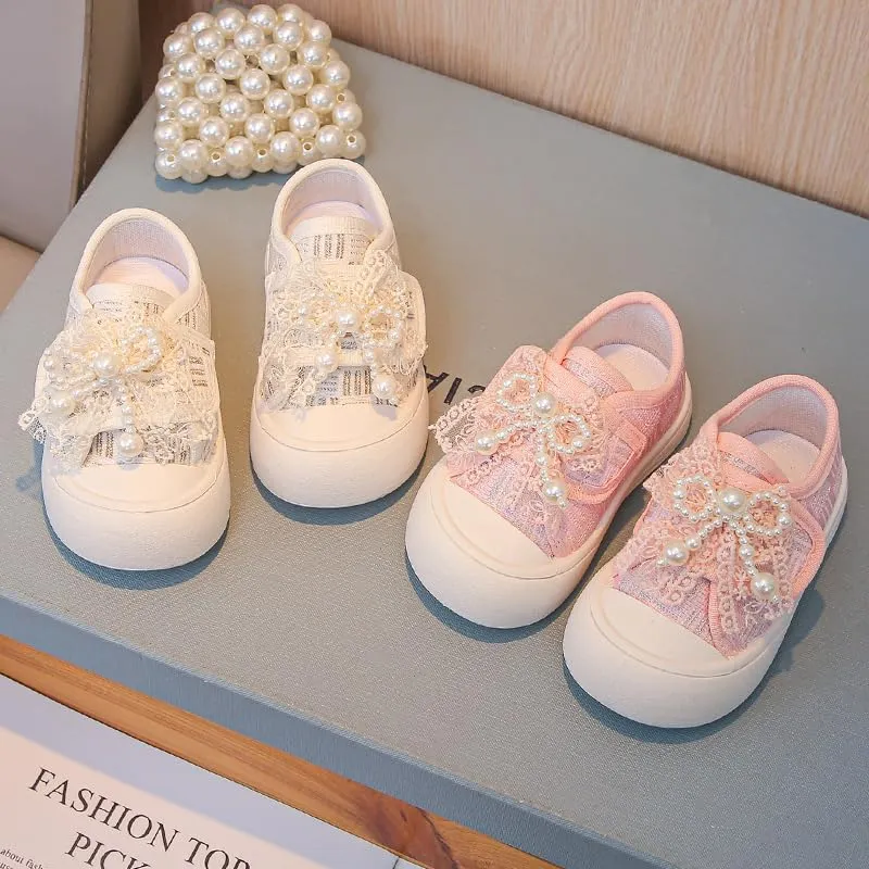 Girl Pearl Lace Sneakers, Soft Sole Canvas Shoes, Pink and White, Toddler Princess Style