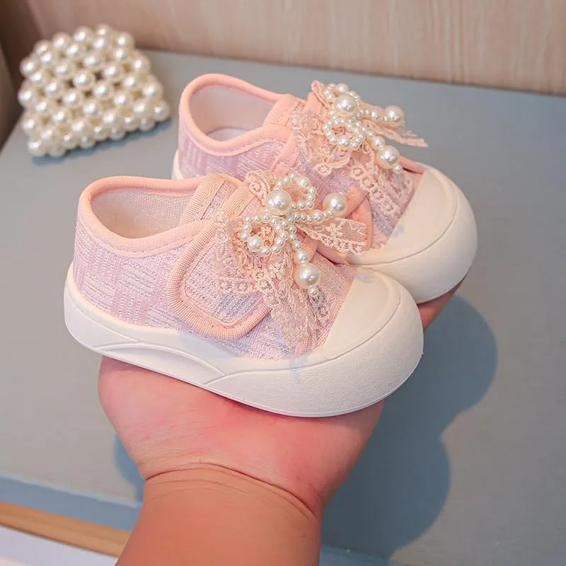 Girl Pearl Lace Sneakers, Soft Sole Canvas Shoes, Pink and White, Toddler Princess Style