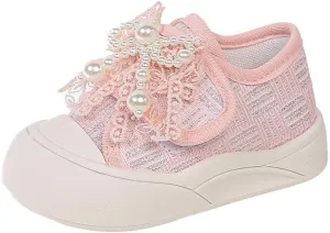 Girl Pearl Lace Sneakers, Soft Sole Canvas Shoes, Pink and White, Toddler Princess Style