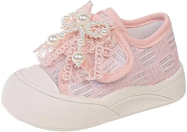 Girl Pearl Lace Sneakers, Soft Sole Canvas Shoes, Pink and White, Toddler Princess Style
