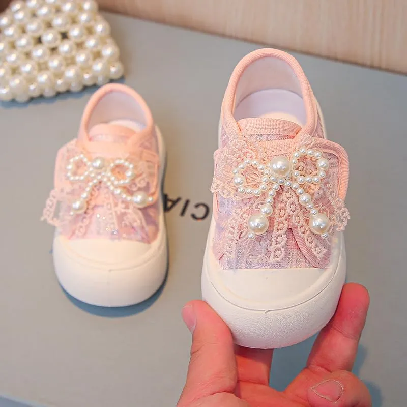 Girl Pearl Lace Sneakers, Soft Sole Canvas Shoes, Pink and White, Toddler Princess Style
