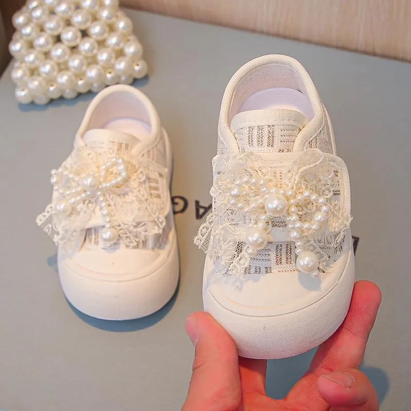 Girl Pearl Lace Sneakers, Soft Sole Canvas Shoes, Pink and White, Toddler Princess Style