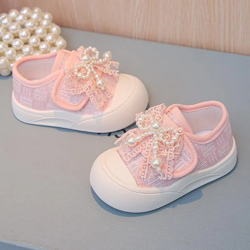 Girl Pearl Lace Sneakers, Soft Sole Canvas Shoes, Pink and White, Toddler Princess Style