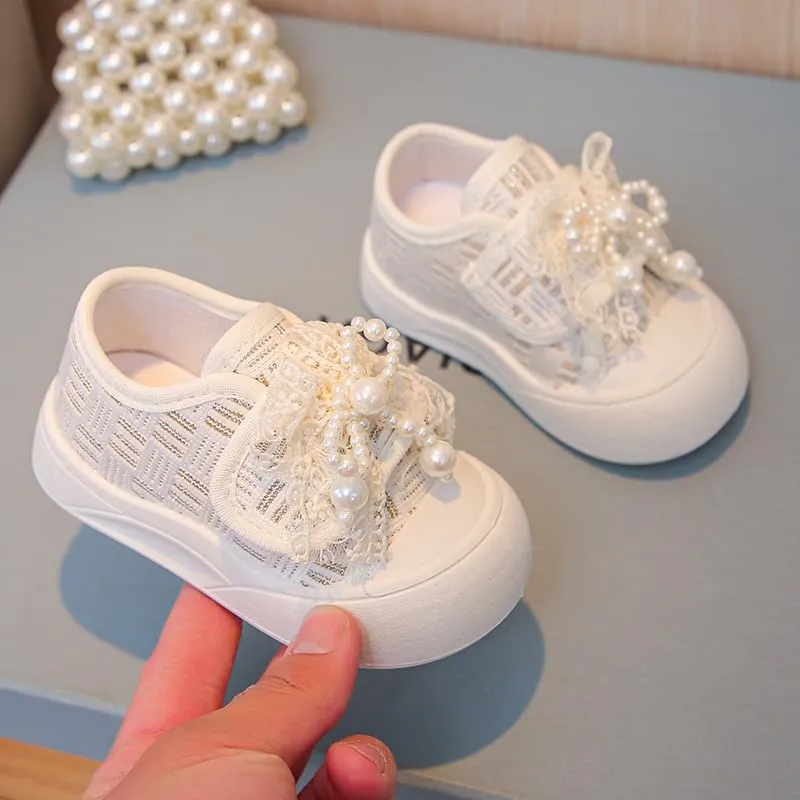 Girl Pearl Lace Sneakers, Soft Sole Canvas Shoes, Pink and White, Toddler Princess Style