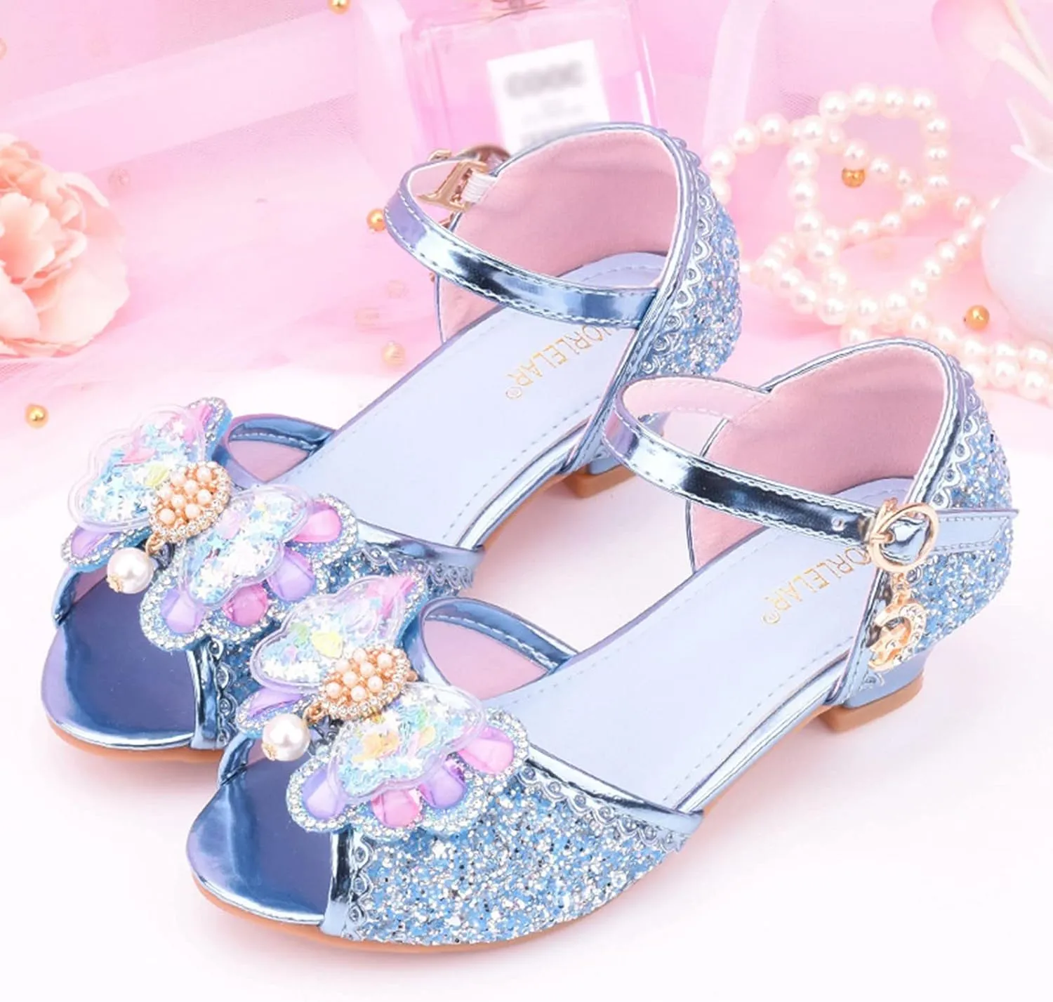 Girls Glitter Butterfly Sandals Low Heels Shiny Dress Shoes with Bow Party Wedding Flower Shoes for Toddler Kids
