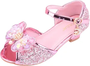 Girls Glitter Sandals Low Heels Shiny Dress Shoes with Bow Part Wedding Flower Girl Shoe Toddler Kids Water Shoes
