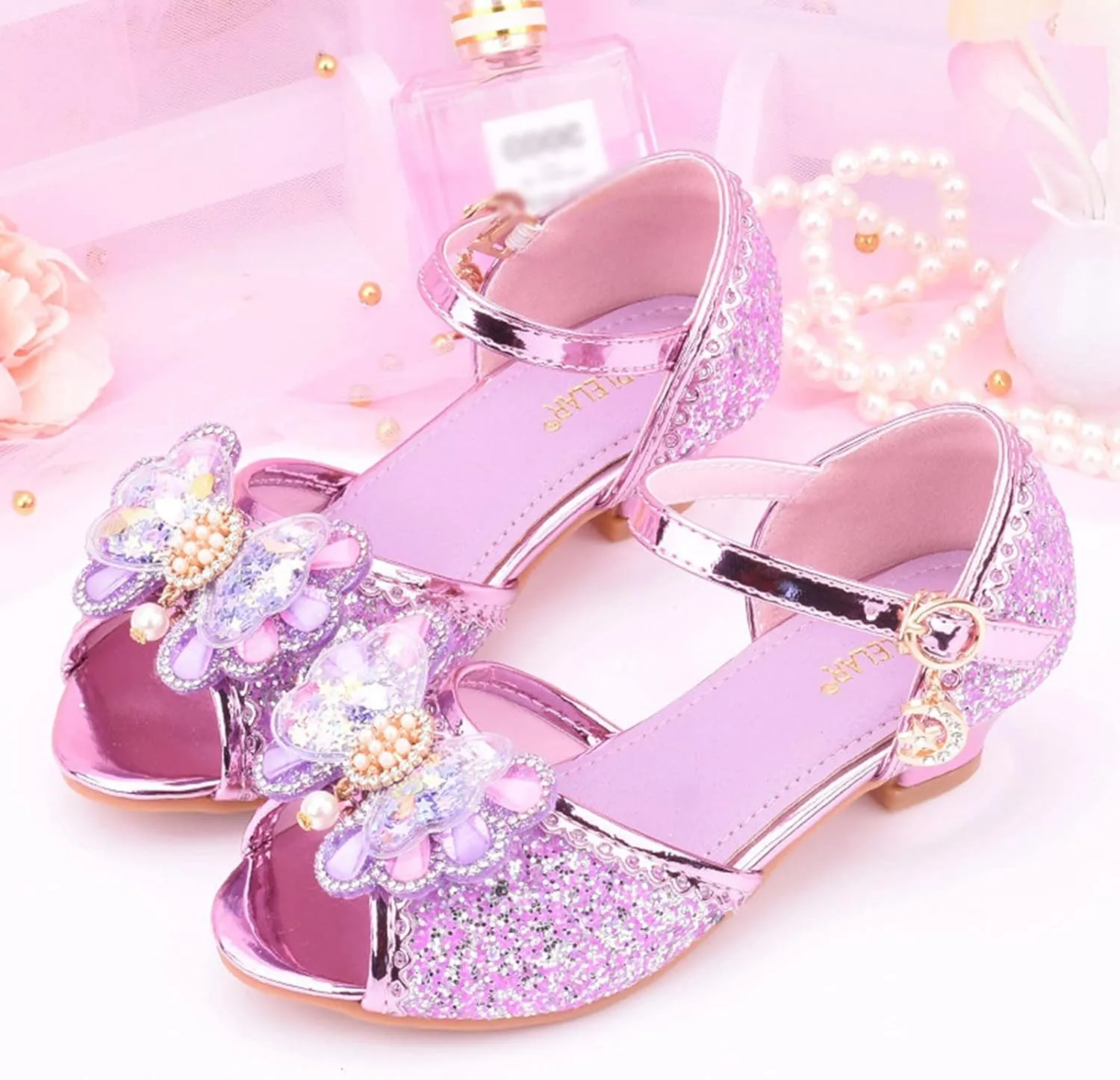 Girls Glitter Sandals Low Heels Shiny Dress Shoes with Bow Part Wedding Flower Girl Shoe Toddler Kids Water Shoes