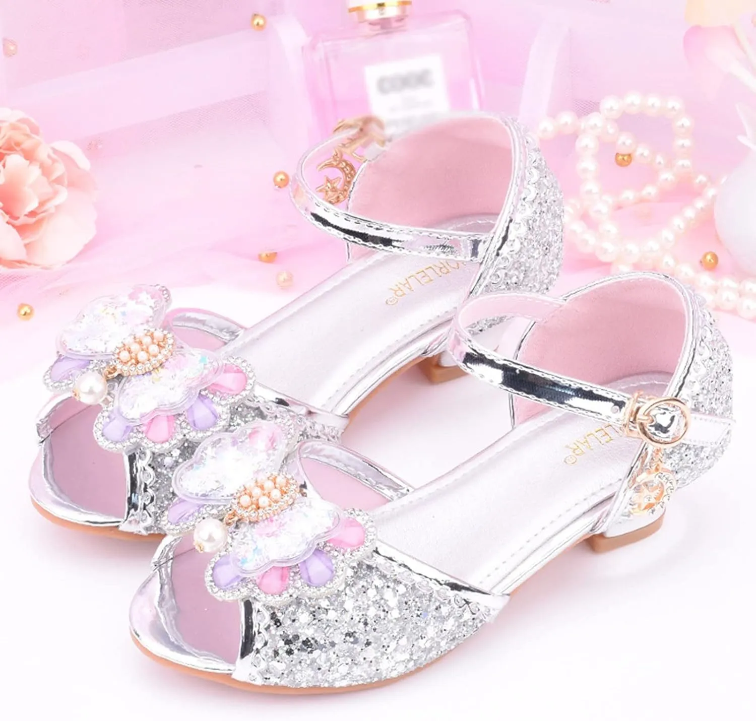 Girls Glitter Sandals Low Heels Shiny Dress Shoes with Bow Part Wedding Flower Girl Shoe Toddler Kids Water Shoes